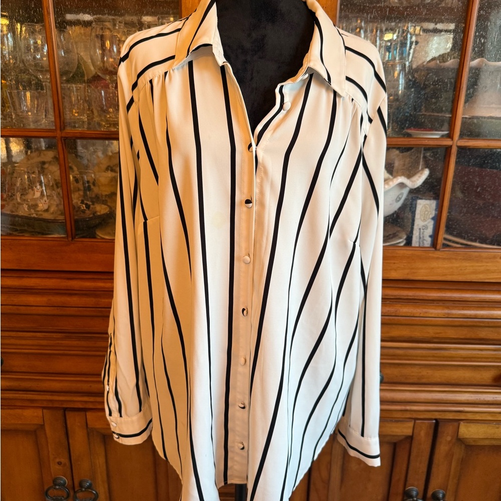 torrid Black and Cream Vertical Stripe Button-Up Blouse